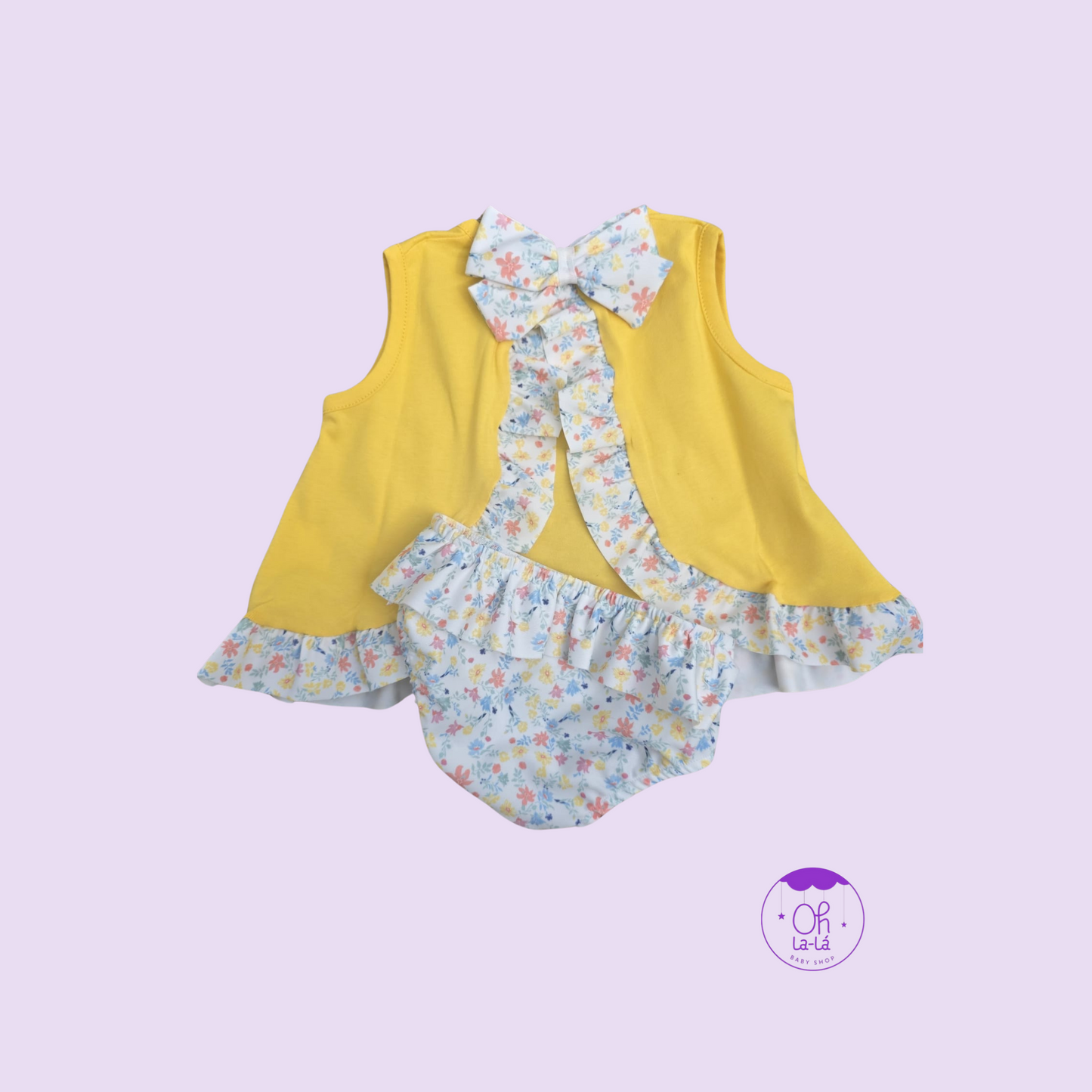 Conjunto baño niña flores y camiseta amarilla con lazo – Tallas 12 a 36 meses