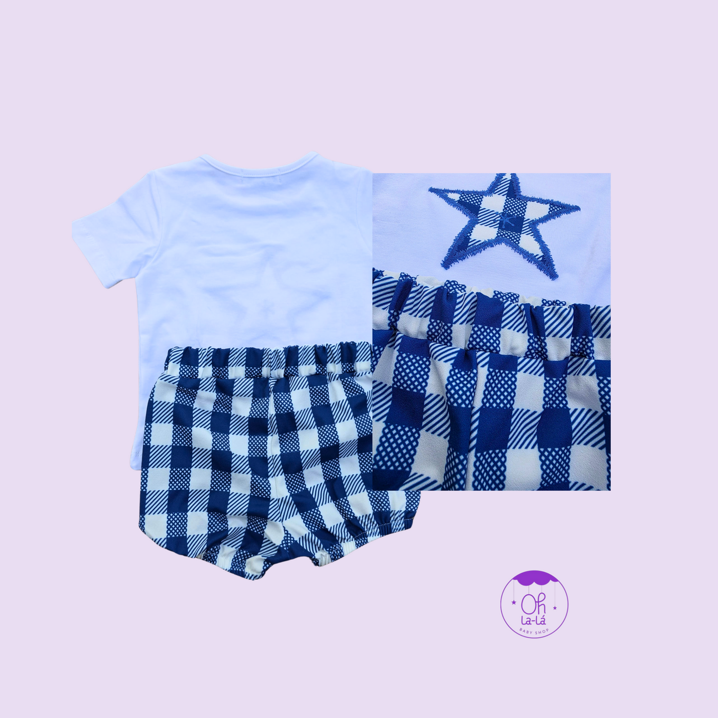 Conjunto bebé camiseta blanca con estrella y pantalón cuadros azul – Tallas 12 a 36 meses