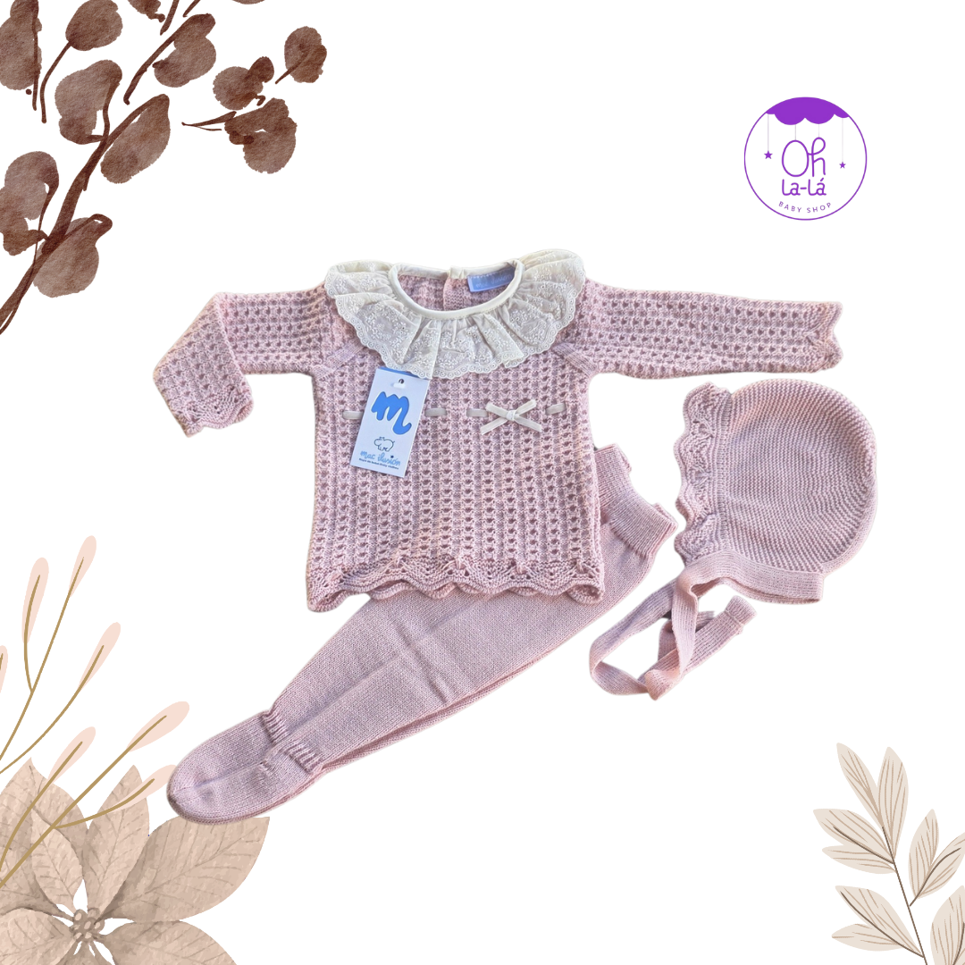 Conjunto de bebé Mac Ilusión | 3 piezas de lana rosa palo