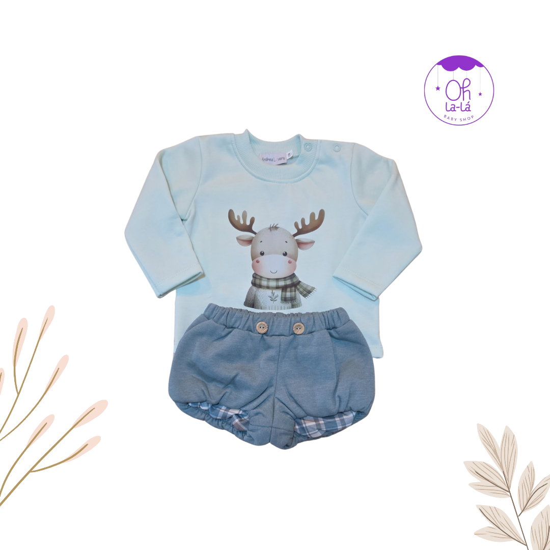 Conjunto Bebé Ciervo Navideño | Sudadera y Pantalón Corto Bombacho (¡12 a 36 meses!)