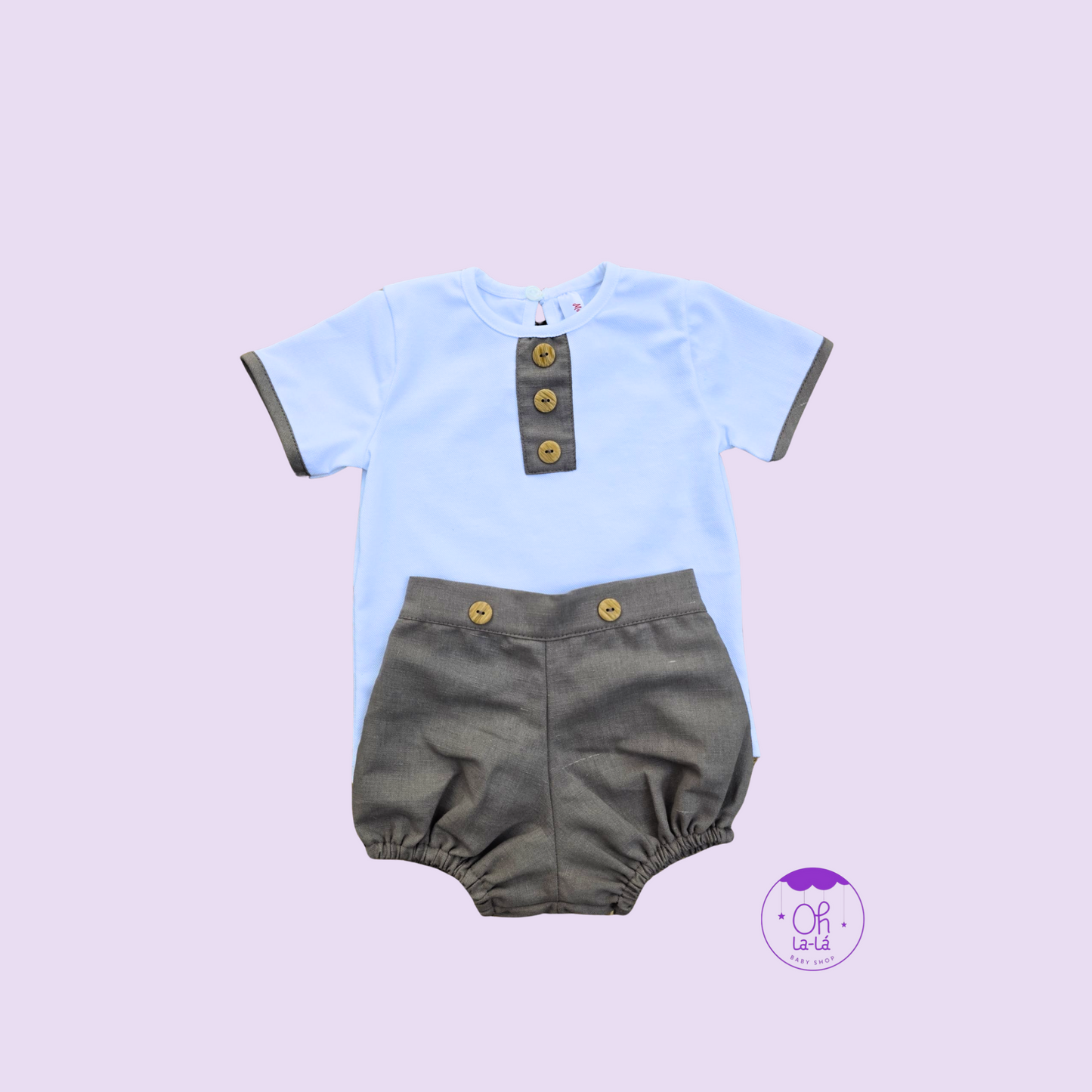 Conjunto bebé arreglado lino marrón camel y camiseta tipo polo – Tallas 12 a 36 meses
