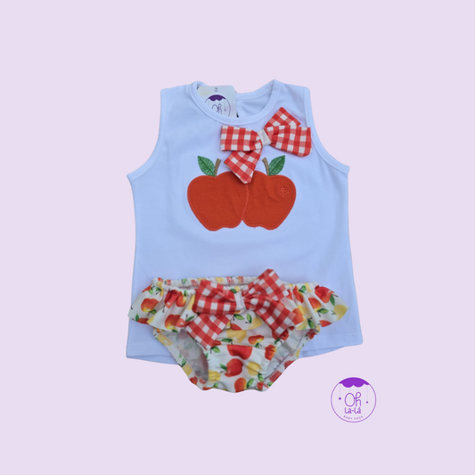 Conjunto de Baño Niña Manzanas y Lazo Vichy | Bañador y Camiseta 12-36M