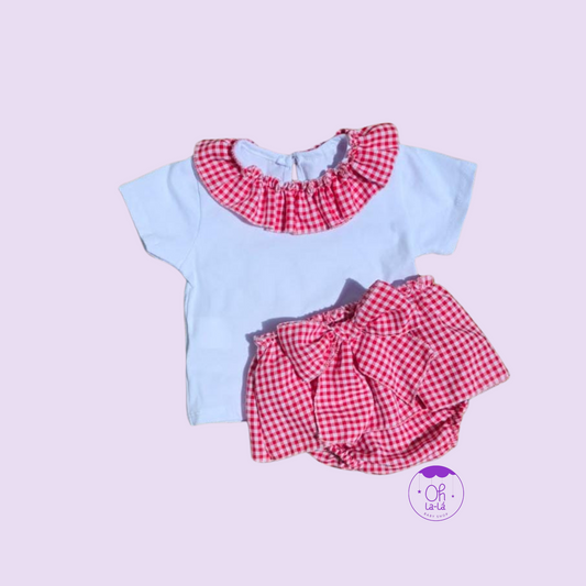 Conjunto Lacito con cuello volante vichy y cubrepañal