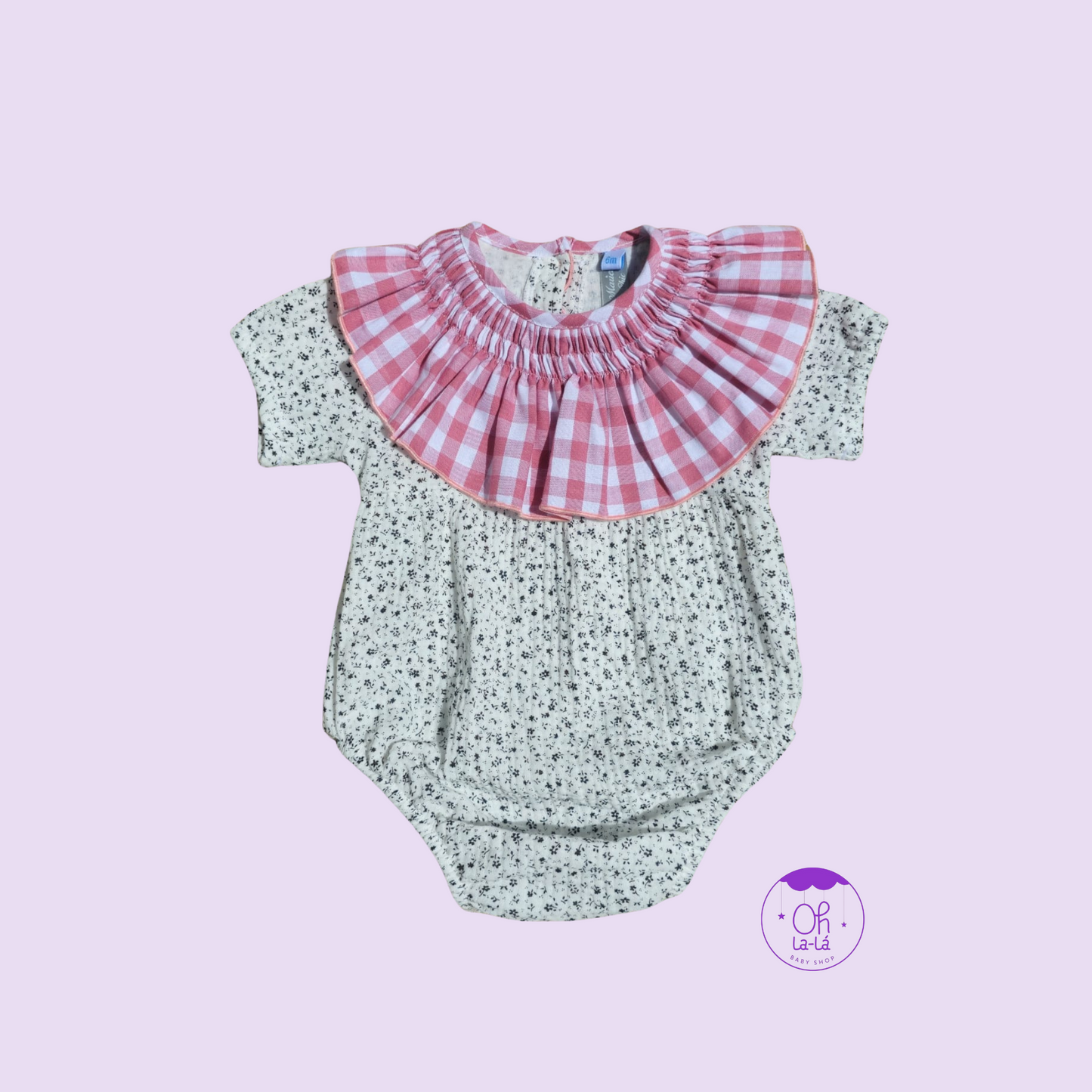 Pelele Aurora - flores y cuello vichy rosa