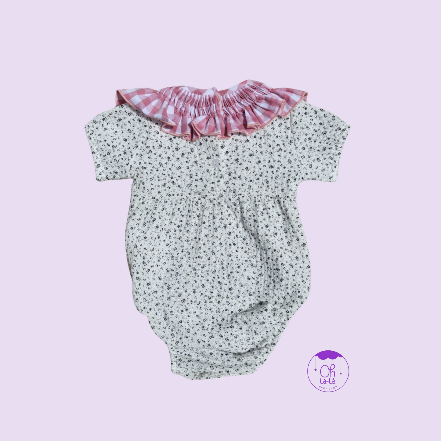 Pelele Aurora - flores y cuello vichy rosa