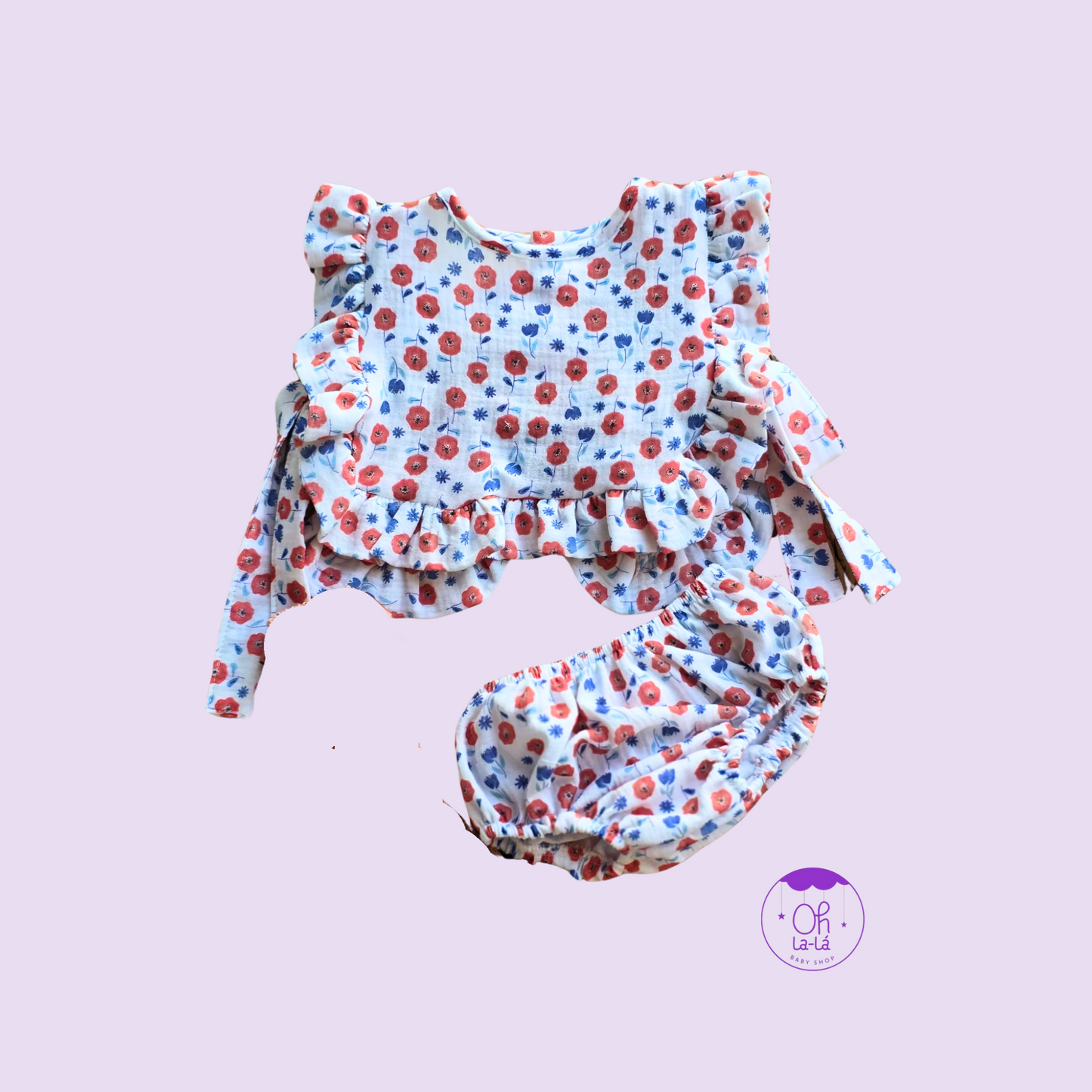 Conjunto baberola con cubrepañal flores coral y azul – Tallas 3 a 24 meses