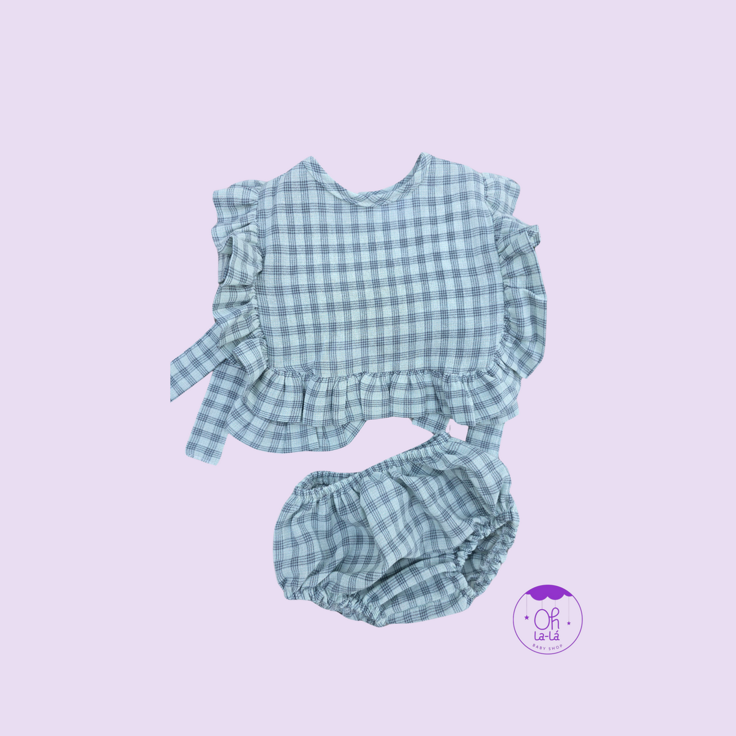 Conjunto baberola con cubrepañal cuadros verde agua – Tallas 3 a 24 meses