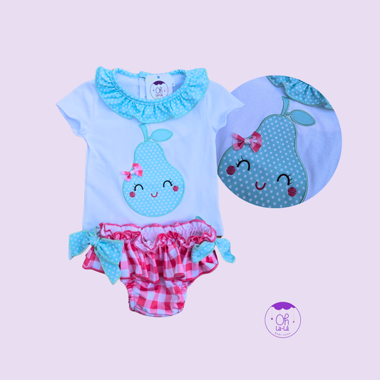 Conjunto de baño niña pera y cuadros rosa – Tallas 12 a 36 meses