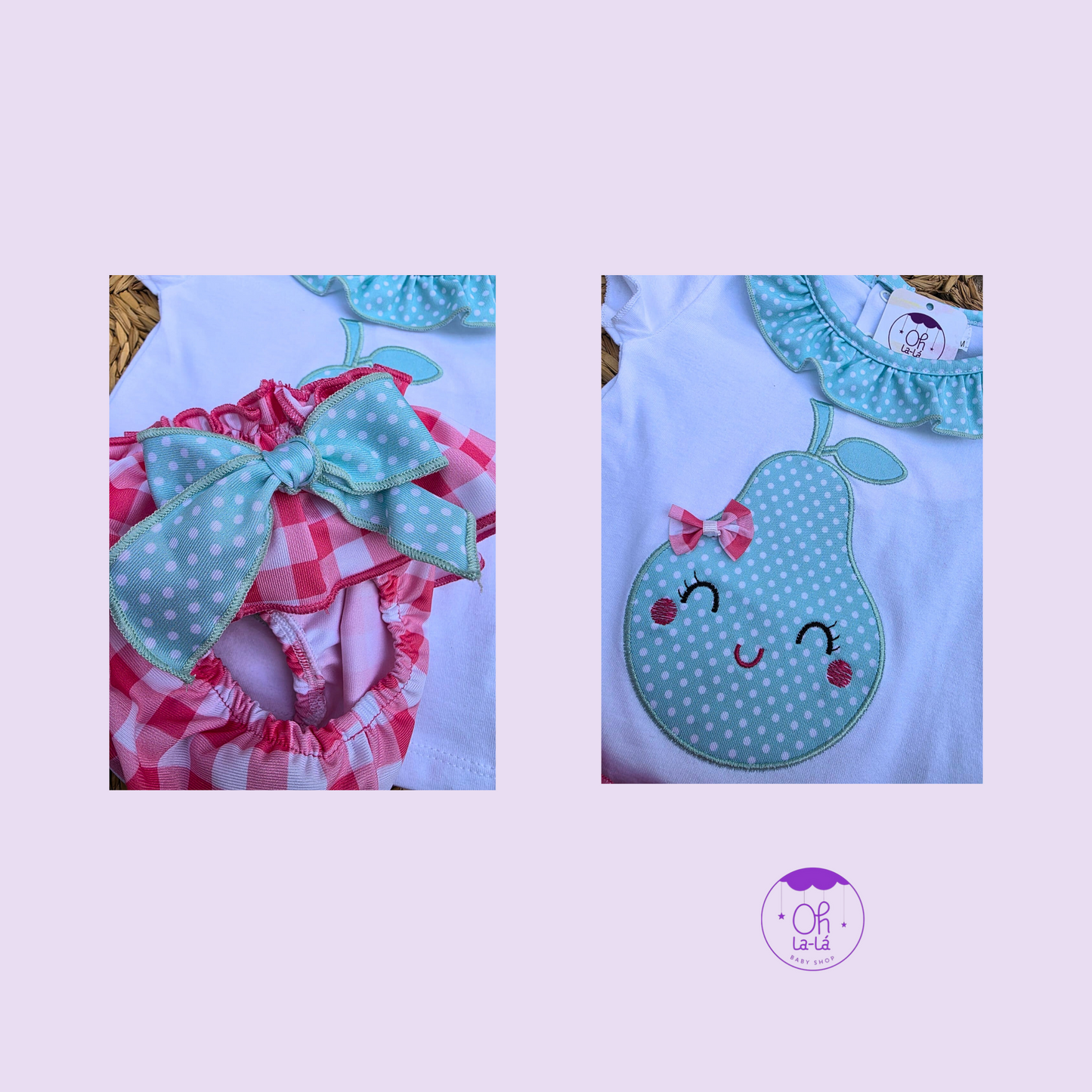 Conjunto de baño niña pera y cuadros rosa – Tallas 12 a 36 meses