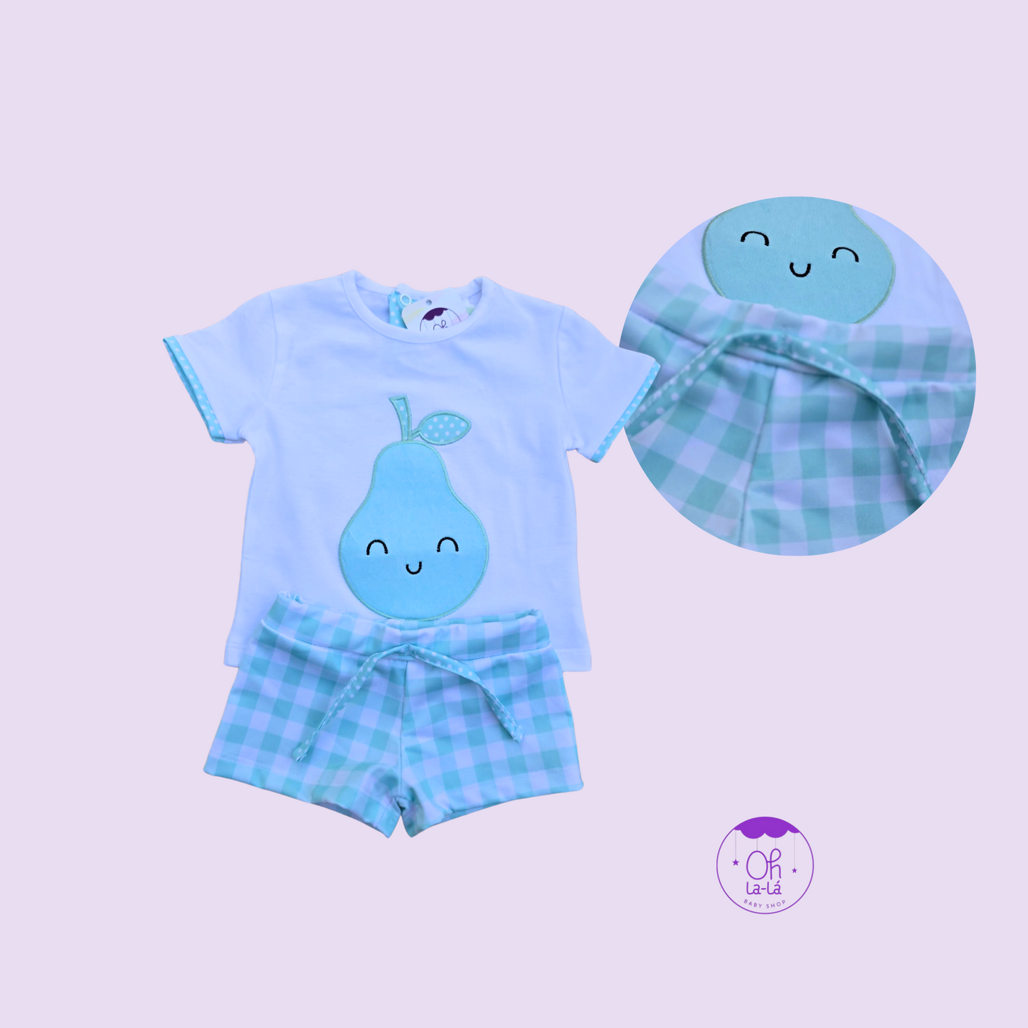 Conjunto niño camiseta y bañador boxer “Pera feliz” – Tallas 6 a 36 meses