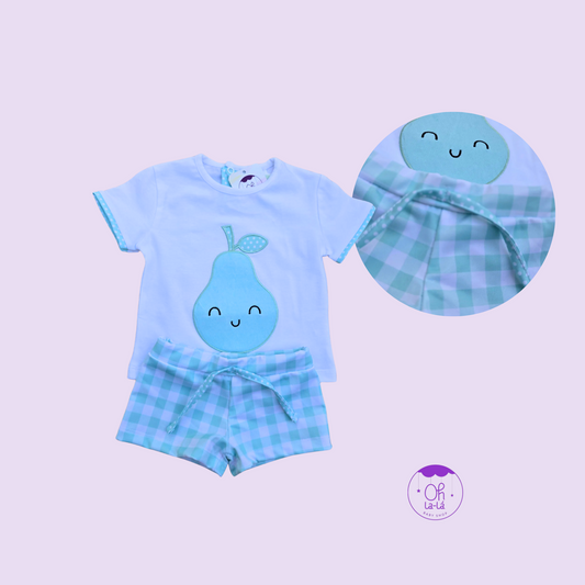 Conjunto niño camiseta y bañador boxer “Pera feliz” – Tallas 6 a 36 meses