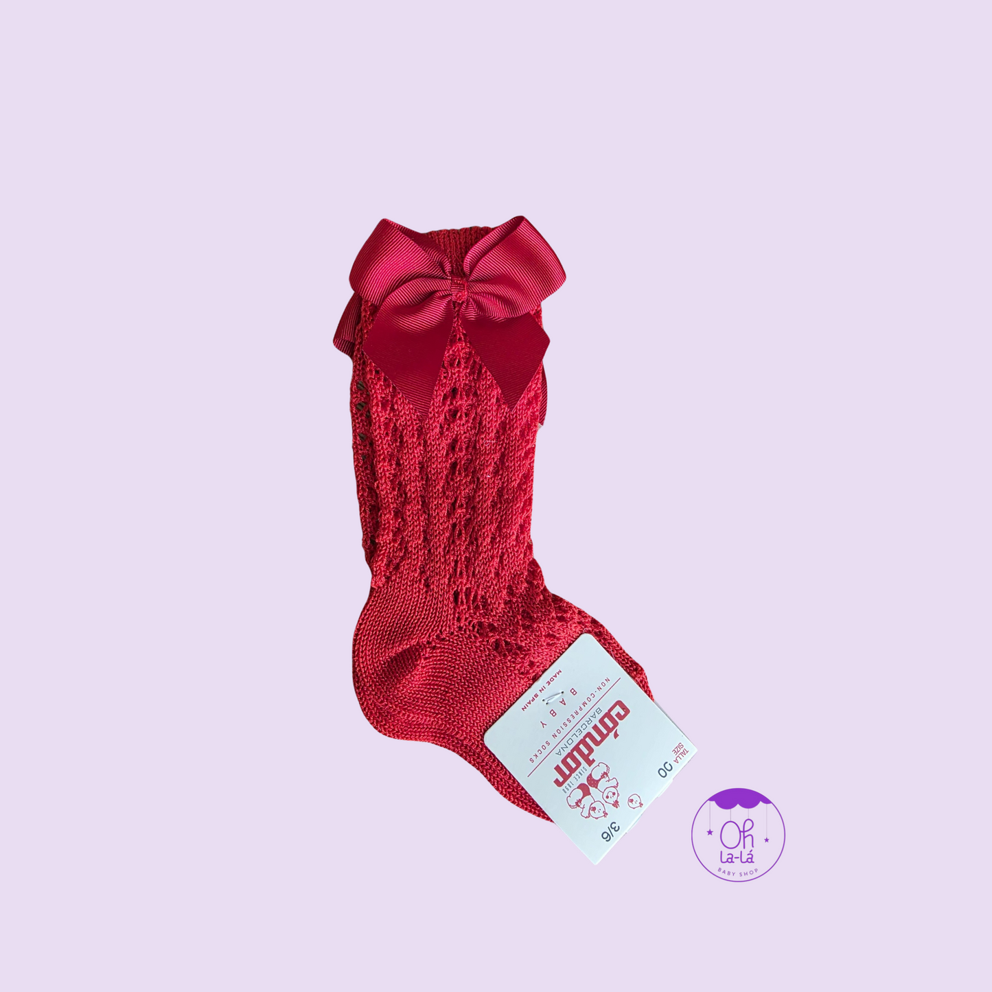 Calcetines Cóndor de hilo calado con lazo – Color rojo – Tallas 0/3 a 36 meses
