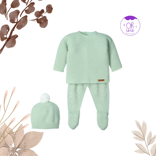 Conjunto de bebé Mac Ilusión | 3 piezas de lana verde agua
