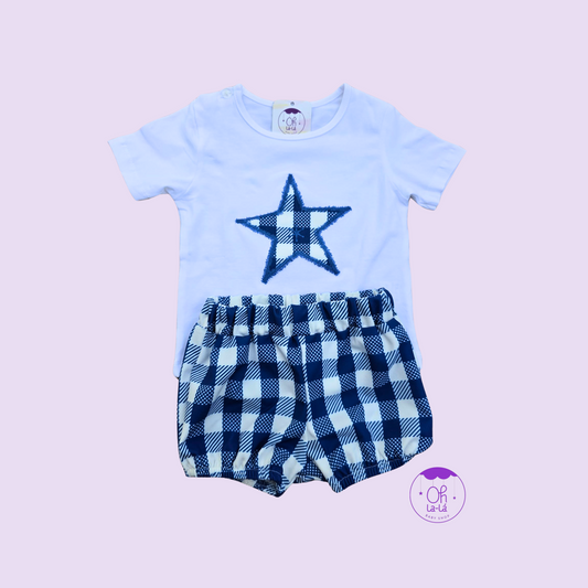 Conjunto bebé camiseta blanca con estrella y pantalón cuadros azul – Tallas 12 a 36 meses