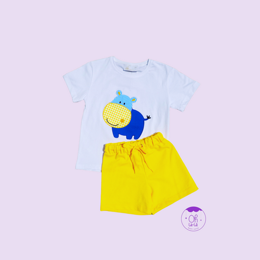 Conjunto niño algodón hipopótamo – Camiseta blanca y pantalón amarillo (12-36 meses)