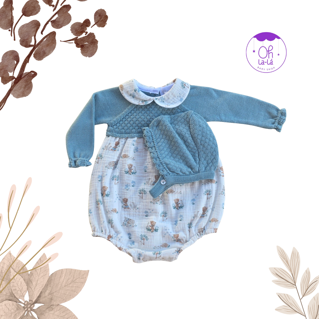 Pelele Bebé Lana y Muselina Verde Agua con Capota | Estampado Animal [6-24 meses]