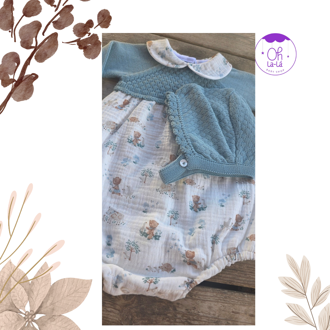 Pelele Bebé Lana y Muselina Verde Agua con Capota | Estampado Animal [6-24 meses]